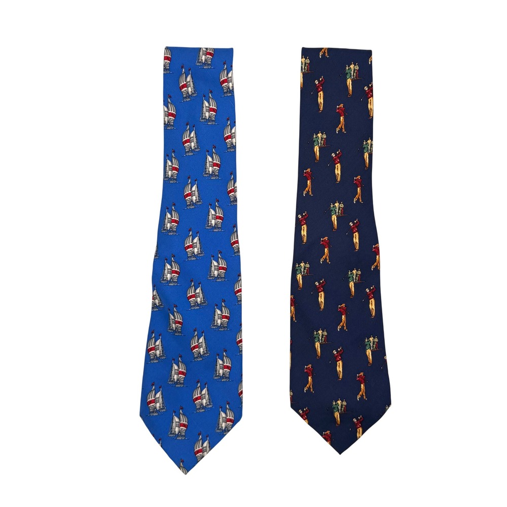 Vintage Polo Ralph Lauren Silk Tie Lot 2‎ Sailboat Golf Navy Blue Mens Neckties